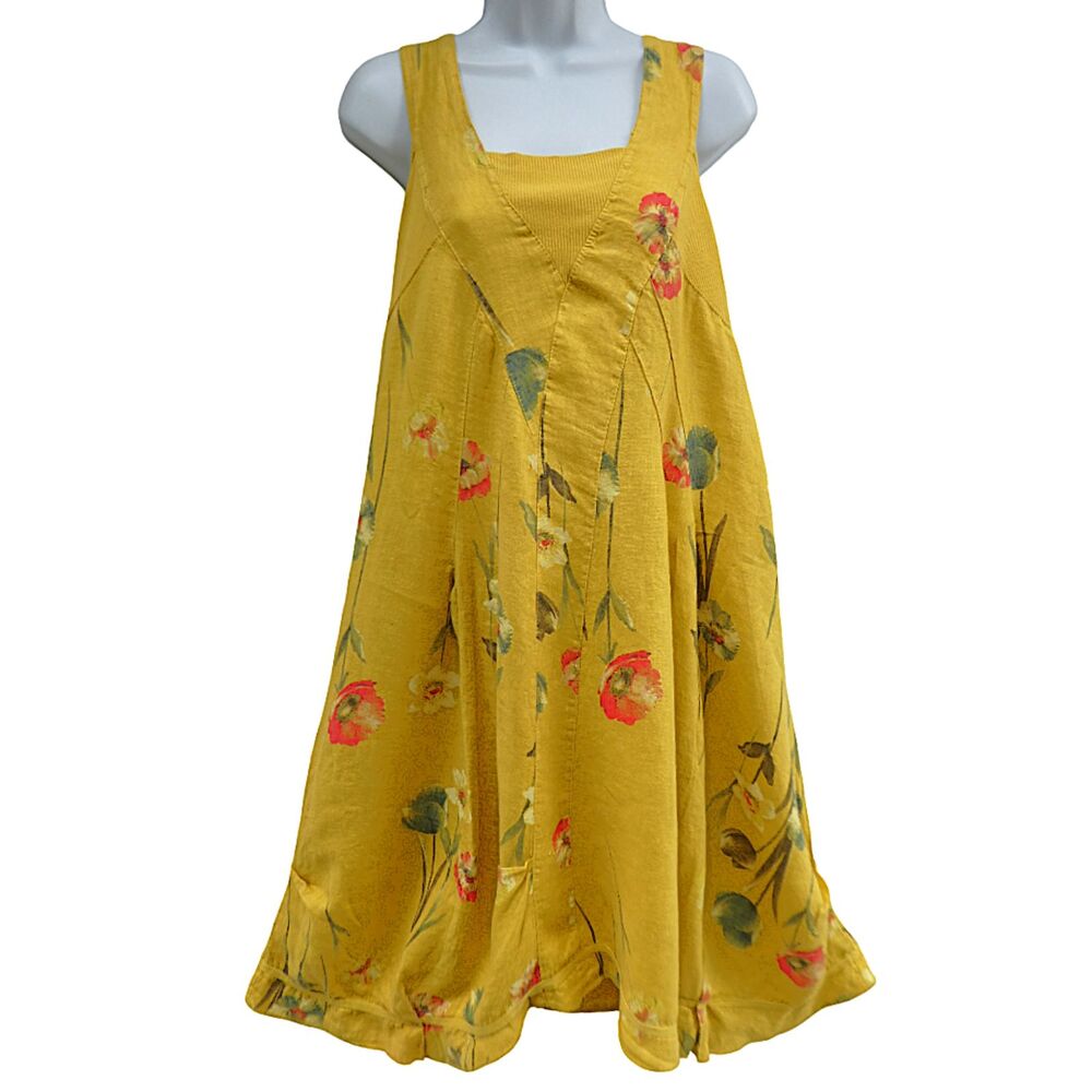 Linen C Valentyne Italy Yellow Floral Lagenlook Dress Midi Mustard Yellow M L